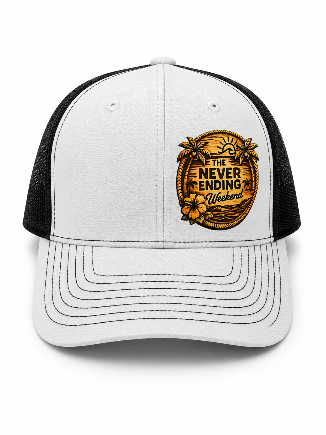 Never Ending Weekend™ Tropical Logo Trucker Hat – Grey/Black