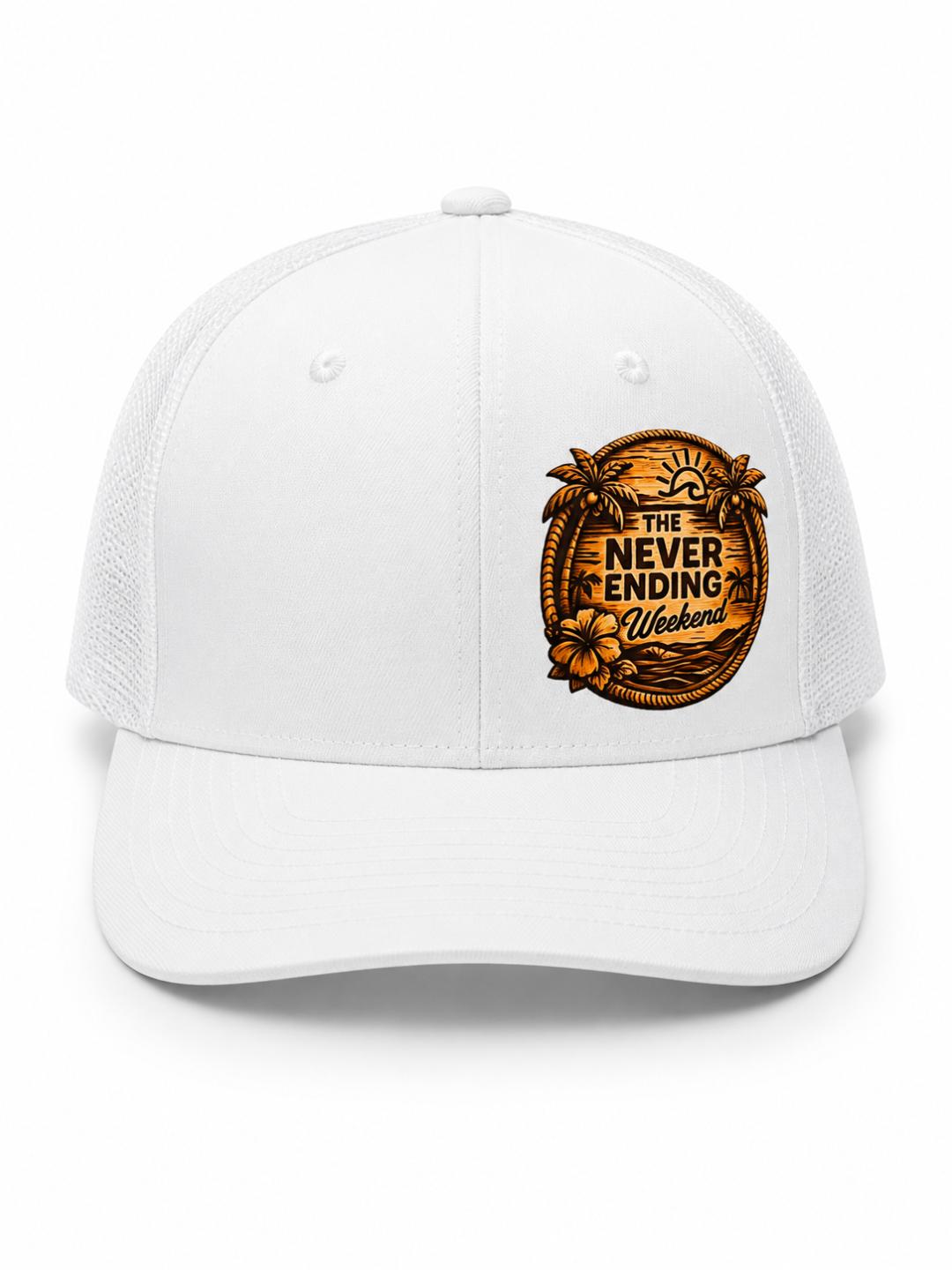 Never Ending Weekend™ Tropical Logo Trucker Hat – White